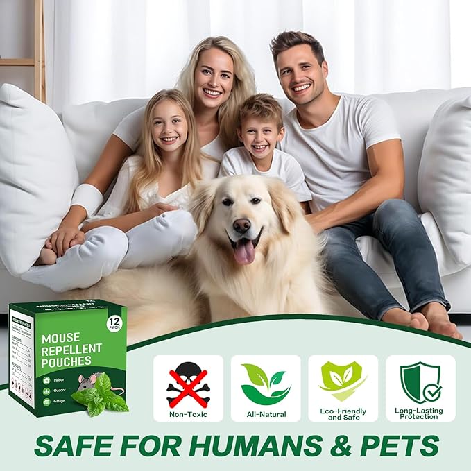 12 Pack Mouse Repellent Pouches - Natural Peppermint Oil, Long-Lasting Rodent Deterrent - Safe for Pets & Family, ice Repellent Indoor/Outdoor Use in Garage, Car & Garden