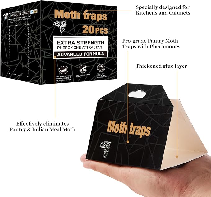 Upgraded Moth Traps, Double Potent Pantry & Clothes Traps with Pheromones Prime, No Toxic & Odorless Meal Moth Trap, Organic Sticky Moths Balls Repellent with Lure for Closet, Kitchens -20Pack