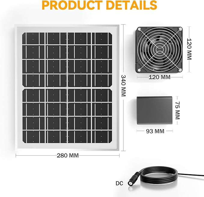 Chronoseek Solar Fans For Outside Chicken Coop with Battery 10000mAh,15W Waterproof Solar Panels,3500 RPM 5" Exhaust Fan,Day/Night Lasting Ventilation,Shed&Camping
