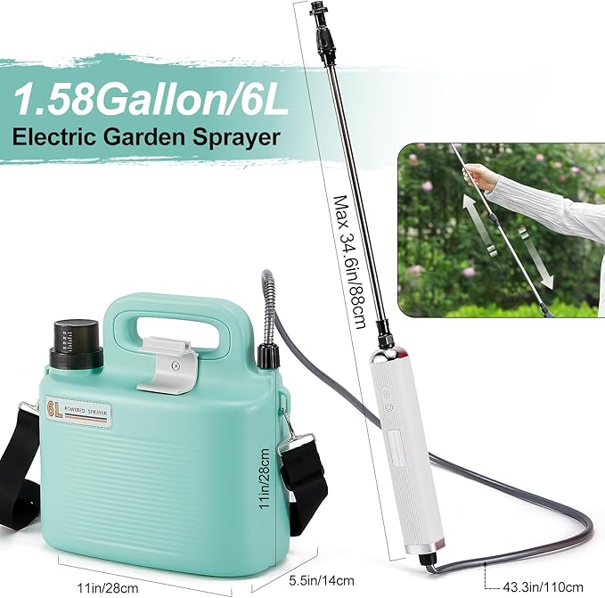 Battery Powered Sprayer 1.58 Gallon, Electric Garden Sprayer with 3 Mist Nozzles, USB Rechargeable Handle and Retractable Wand, with Adjustable Shoulder Strap for Garden,Lawn,Cleaning