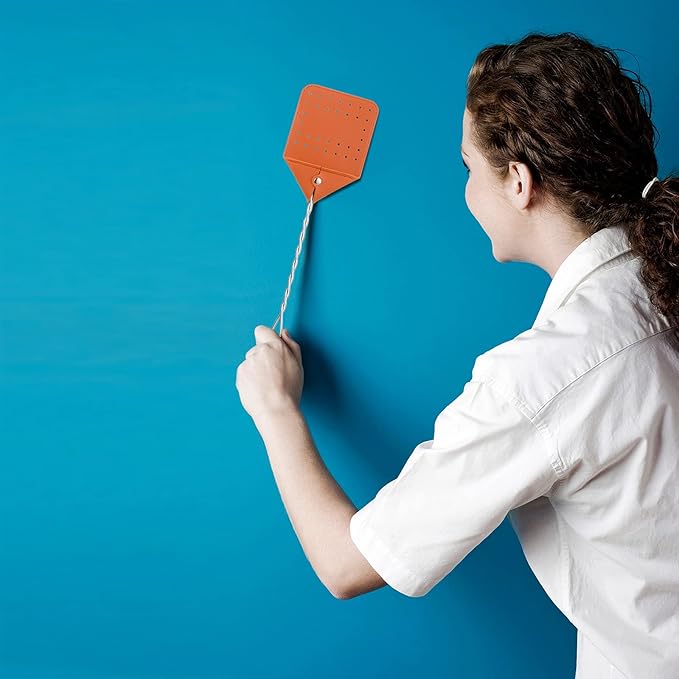 Zopeal 4 Pcs Sturdy Leather Fly Swatter 17 Inch Long Handle Manual Swat Heavy Duty Metal Handle Flyswatter Rustic Fly Swatter for Indoor Outdoor(Orange, Green, Yellow, Purple)