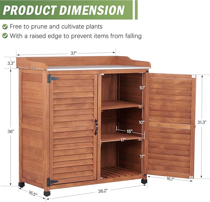 Outdoor Potting Bench with Metal Work Top,Waterproof Garden Storage Cabinet,Wooden Tool Station Shed for Backyard,Patio,Lawn Gardening