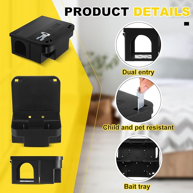 Qualirey 4 Pcs Rat Bait Station 8.86 x 7.28 x 3.62 Inches Rat Traps with Openable Lid, Blocks Boxes with Keys for Big Mouse, Keeps Children and Pets Safe Indoor & Outdoor, Bait Not Included (Black)