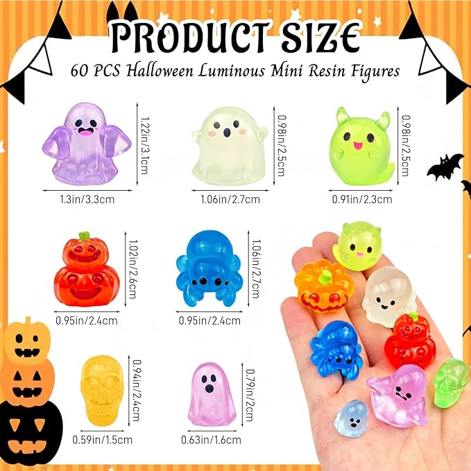 60 Pcs Halloween Luminous Mini Resin Figures Glow in The Dark Tiny Little Resin Pumpkin Ghost Spider Skull Miniature Figurines for Crafts Micro Landscape Fairy Garden Party Decor