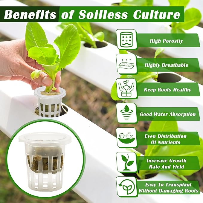 100 Pcs Rockwool Cube for Hydroponics with Net Pot, 50P 1Inch Rockwool Stonewool Plug & 50P 1.5Inch Net Cup for Seed Starter Soilless, Hydroponics, Plant Germination Start (Transparent)