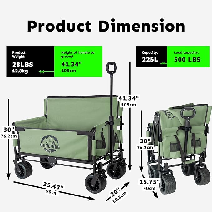 3-in-1 Large Collapsible Folding Wagon, BENEHIKE Foldable Beach Wagon with Rotated Wheels, 500lbs/225L Outdoor Utility Wagon Convert to Bench for Sand, Groceries, Camping, Sports, Shopping (Green)