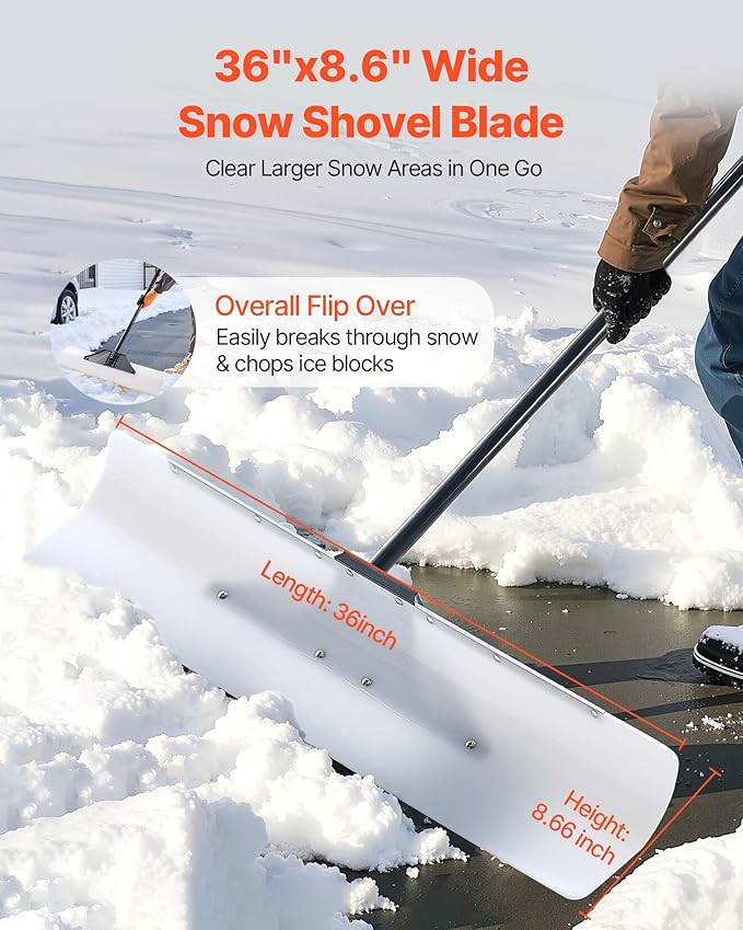 VEVOR Snow Pusher, 36 inch Wide Push Snow Shovel Plow for Driveway, Sidewalks and Doorways with Segmented Handle, Ergonomic Grip and HDPE Plastic Blade
