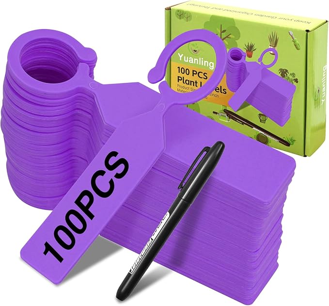 Plant Labels Yuanling 100Pcs Plastic Waterproof Plant Tree Tags Nursery Garden Markers for Indoor Outdoor Gardening Plants Vegetables Flowers Potted (Purple Color with 1 Marker Pen)