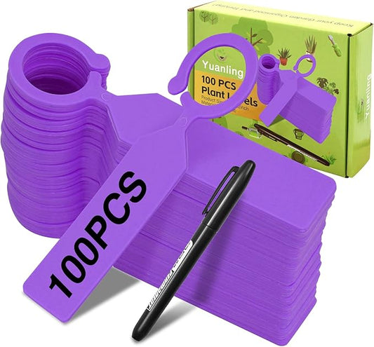 Plant Labels Yuanling 100Pcs Plastic Waterproof Plant Tree Tags Nursery Garden Markers for Indoor Outdoor Gardening Plants Vegetables Flowers Potted (Purple Color with 1 Marker Pen)