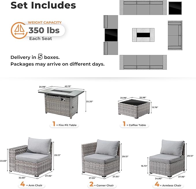 ovios 13 Pieces Patio Furniture Set, Outdoor Wicker Sectional Sofa with 42 Inch Fire Pit Table Comfy Cushions, Modern Modular Deep Seat Rattan Couch Conversation Set, Dark Grey