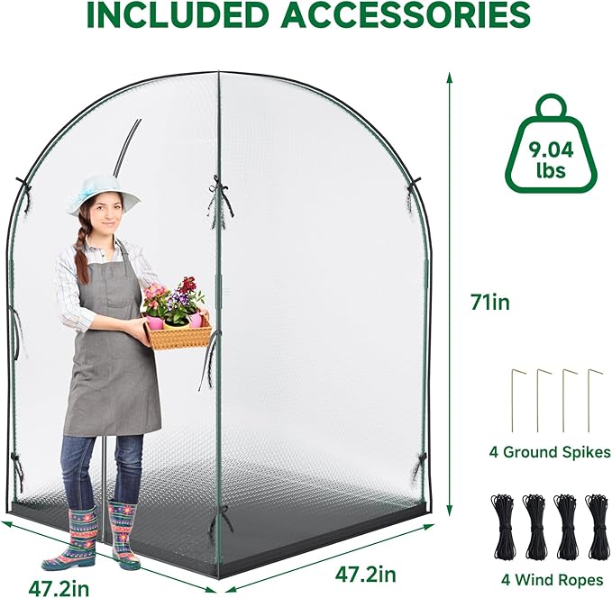 Portable Greenhouse for Outdoors, Green House Tent with Thick Bubble Film Cover, Ground Mat, Zippered Door Walk-in Mini Green House Kit for Outside, 47.2x47.2x71 Inch