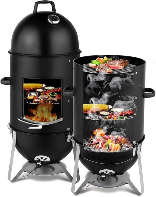 19 Inch BBQ Smoker Grill, 3-in-1 Vertical Charcoal Smoker, Heavy Duty Outdoor Bullet Smokers for Meat with Built-In Thermometer, Air Vent, And 2 Access Doors, Idea for Parties, Backyard, Barbecues