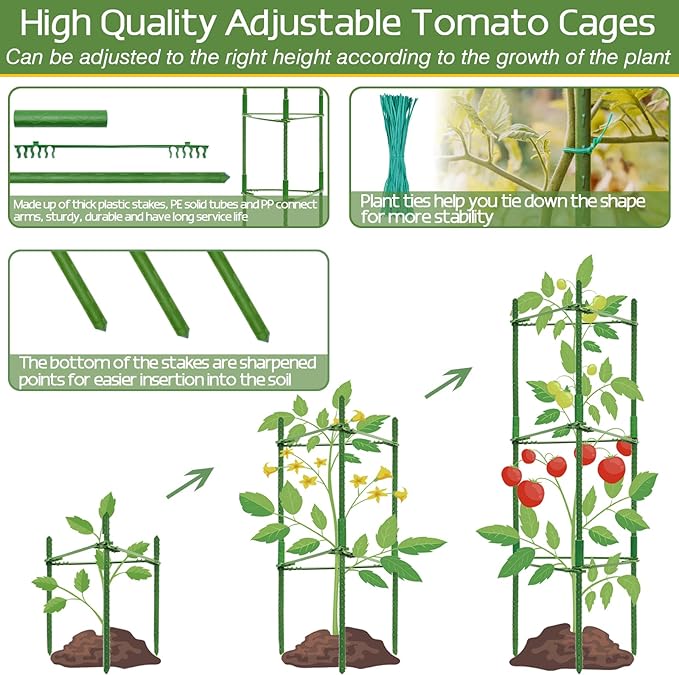 Halatool 8 Pack Tomato Cages for Garden, Up to 48in(4FT) Adjustable Tomato Cage,Garden Stakes Tomato Trellis for Pots, Green Tomato Plant Support with Snap-On Arms for Vegetables Plants(6 Buckles)