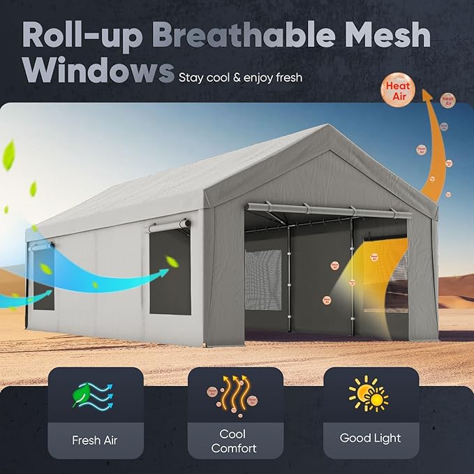 Quictent Heavy Duty 13x25 ft Carports with Side Zipper Doors & Snowproof Steel Cables & Ventilated Windows, Waterproof Storage Shelter for Car, Boat, RV, Outdoor Equipment, Gray