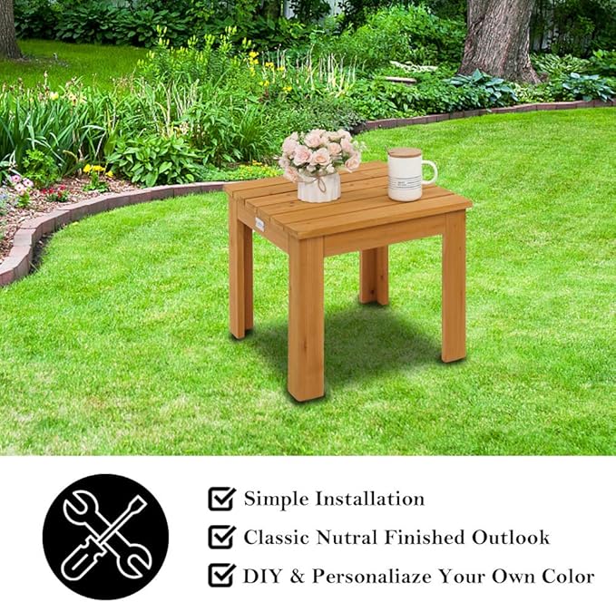 VINGLI Outdoor Adirondack Side Table W/Natural Finished, 18" Square Thick Wooden Coffee Table Top, Stable Large Weight Capacity Conversation End Table for Patio Backyard, Garden, Poolside and Balcony