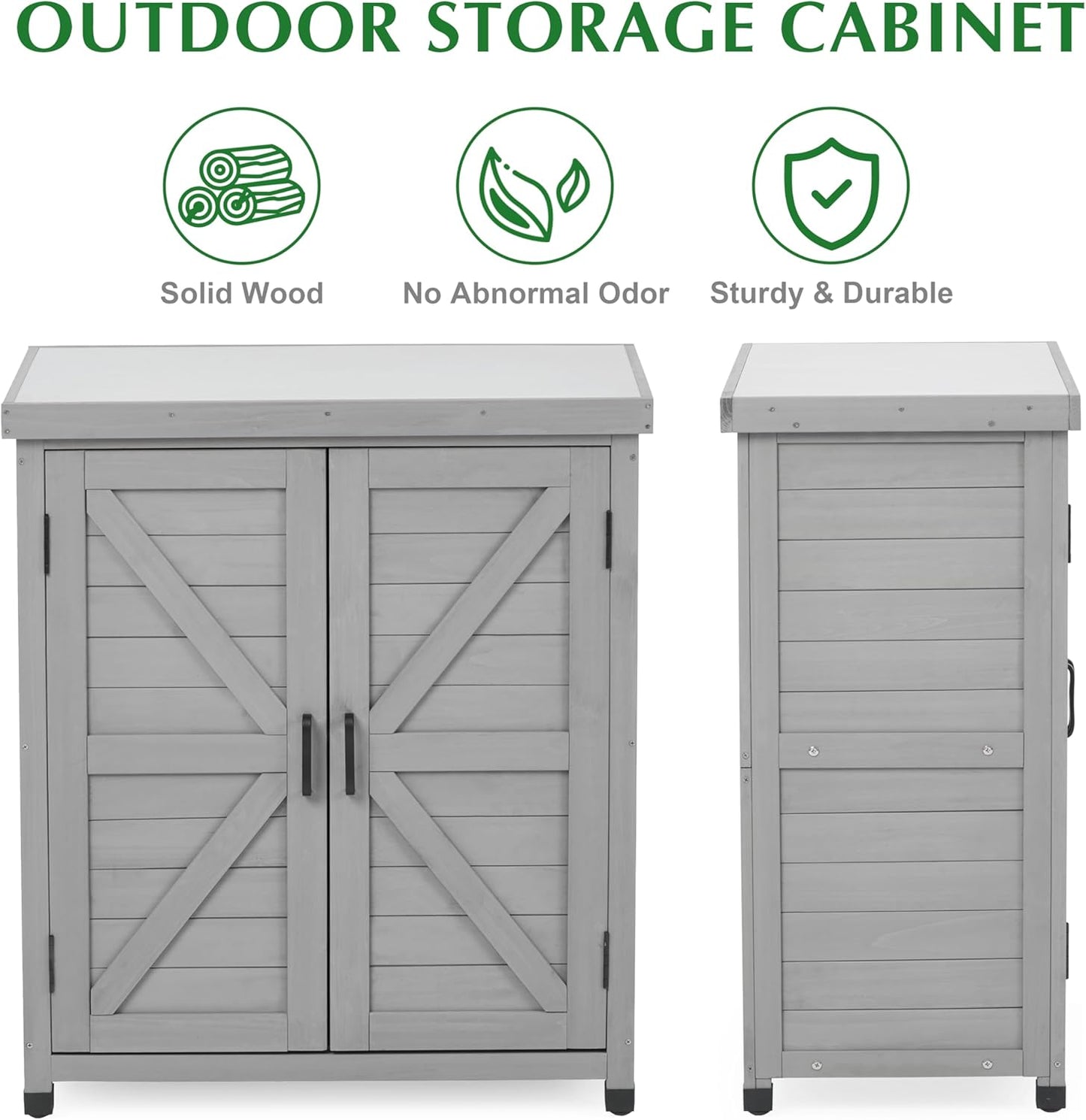 Outdoor Storage Cabinet & Potting Bench Table with Metal Top, Wooden Patio Furniture, Garden Workstation (Classic Grey, 36x31x17in)