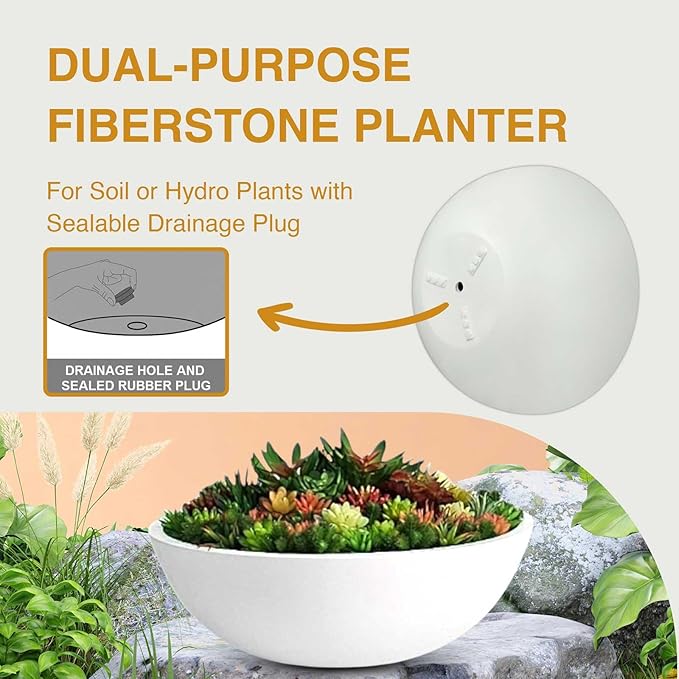 7.7" H x 22" D Round Bowl Fiberstone Planter for Succulent and Lotus, Drainage Hole, Weather Resistant for Indoor and Outdoor Use, Included 2 Extra Coco Mats (White, 19.9" Pot Opening)