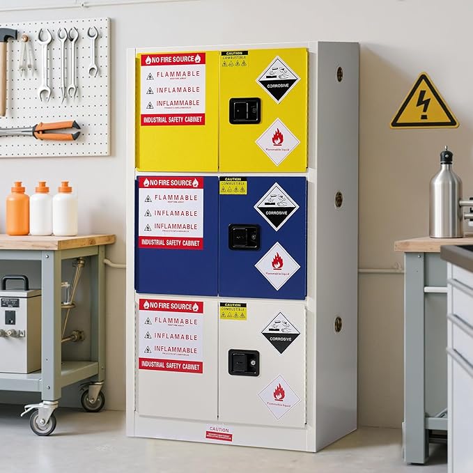 SPECRAFT 32-40 Gal Flammable Safety Cabinet, 65x34x18 Inch, 3-in-1 Storage, Adjustable Shelves, Cold-Rolled Steel, OSHA & CE Certified, for Industrial, Lab, Institutional Use, Yellow/Blue/Gray