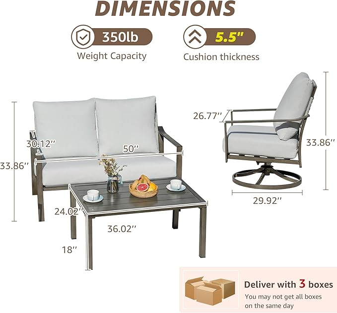 NATURAL EXPRESSIONS 4 Pieces Patio Furniture Sets, Modern Metal Outdoor Conversation Sets with High Back All Weather Hand-Woven Rope Rocking Swivel Chairs, Loveseat, Metal Table, 5.5" Thick Cushions