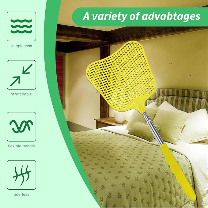MYSTICHOME Fly Swatter 2 Pack, Durable Heavy Duty Plastic Fly Swatters, Stainless Steel Telescopic FlySwatter for Indoors/Outdoor/Kitchen/Garden (Yellow+Black)
