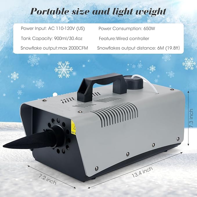 High-velocity Snow Machine, Wired Remote Portable Premium Artificial Snowflake Machines for Indoor Outdoor Christmas Party, 650W Low Consumption with Max 2000CFM Output, ETL Listed