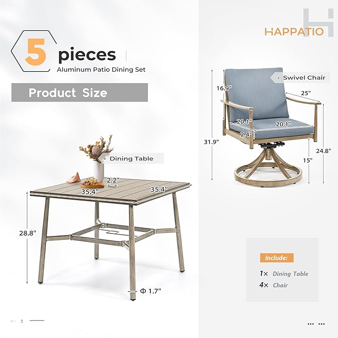 HAPPATIO Outdoor Dining Set 5 PCS, Aluminum Patio Dining Set Includes 1 Large Square Table with Umbrella Hole & 4 Swivel Dining Chairs, Patio Furniture Set for Lawn, Porch, Backyard (Brown)