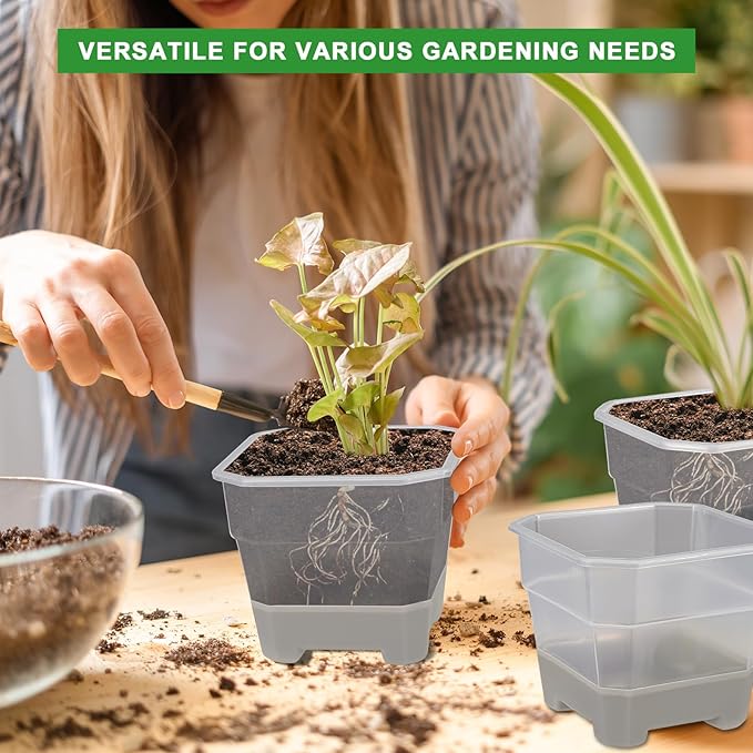 Aobiono 10 Packs 4 Inch Clear Nursery Pots with Reinforced Silicone Base for Easy Transplant, Reusable Seed Starter Seedling Small Plant Flower Planter Pots with Drainage Holes (Gray, 10 Packs)