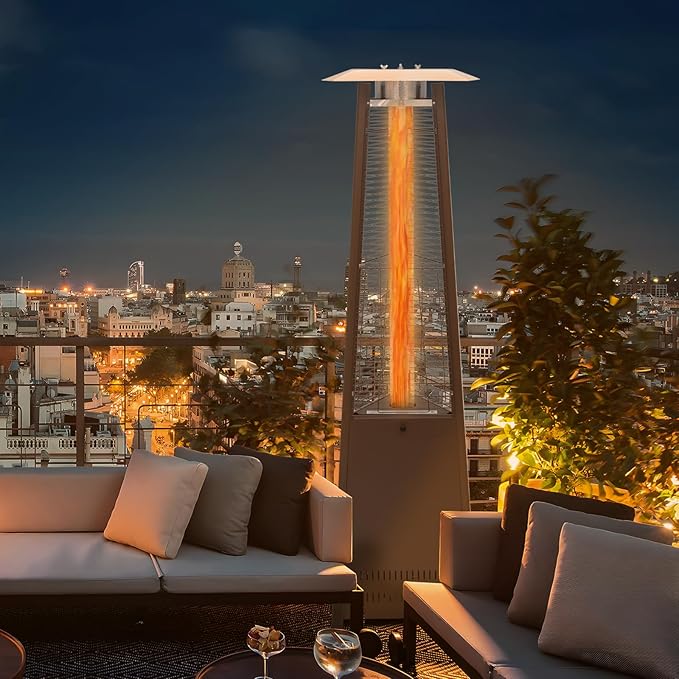 MoNiBloom 42000 BTU Propane Pyramid Patio Heater with Wheels and Glass Tube Flame Burner Outdoor Patio Heater for Commercial Use, Residential, Garden, Backyard, Porch, Deck, Balcony (Coffee Brown)