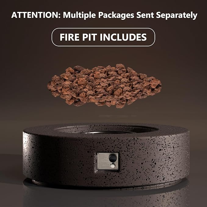 SUNBURY 42in Round Propane Outdoor Fire Pit, Gas Patio Fire Table 50,000 BTU Concrete Travertine Design, CSA Certified, Circular Base Firepit with Lava Rocks, Waterproof Cover (Brown)