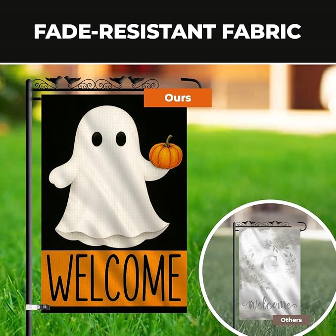 Welcome Halloween Garden Flag 12x18 – Double Sided Burlap Yard Flag for Outside with Ghost & Pumpkin – Weatherproof Fall Outdoor Decor