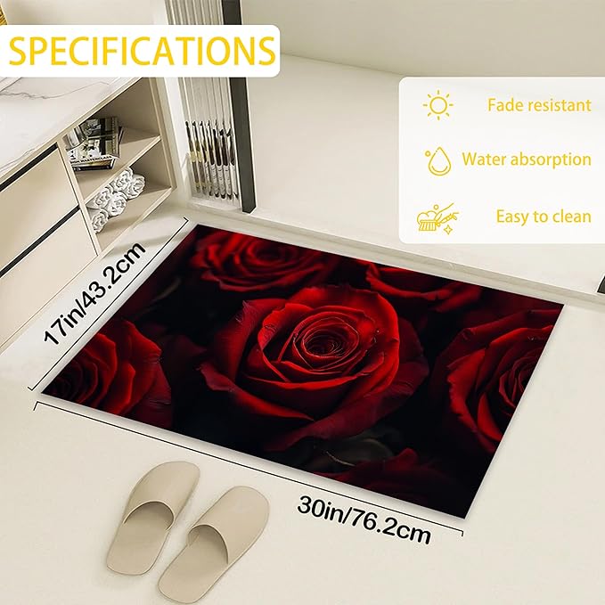 Red Rose Flower Indoor Outdoor Rugs,Modern Floral Doormat Outside Entrance,Non-Slip Welcome Mat Indoor Felt Floor Mat for Back Door Patio, Porch,Home Entryway,30 x 17 Inch