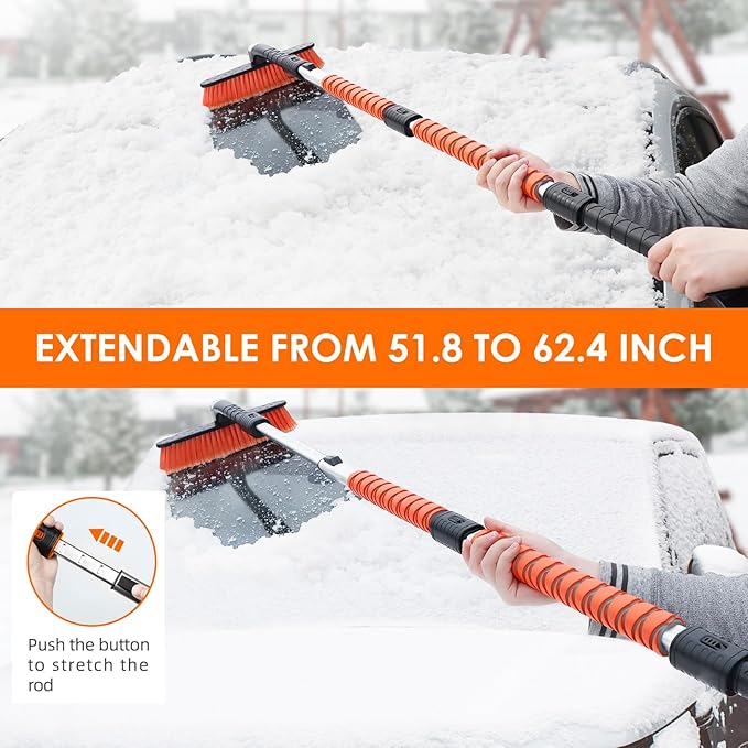 AstroAI 62.4" Ice Scrapers for Car Windshield and Extendable Snow Brush with Foam Grip and 360° Pivoting Brush Head for Christmas Car Auto Truck SUV(Orange)