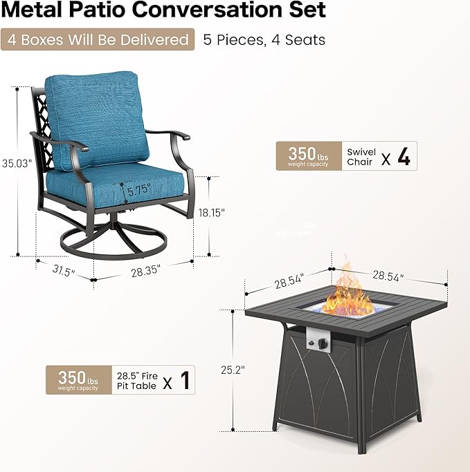 5 Piece Metal Outdoor Patio Furniture Set with Fire Pit Table, Patio Conversation Sets 4 Swivel Chairs with 5.75" Thick Cushion and 5000 BTU Fire Pit Table, Backyard Furniture, Blue-2