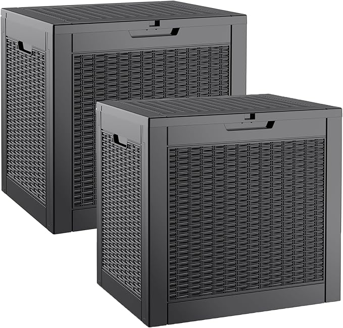 35 Gallon Outdoor Storage Box Set of 2, Waterproof Resin Deck Box with Lockable, Patio Furniture Storage Bin for Package Delivery, Patio Cushions, Garden Tools, Pool Accessories, Black
