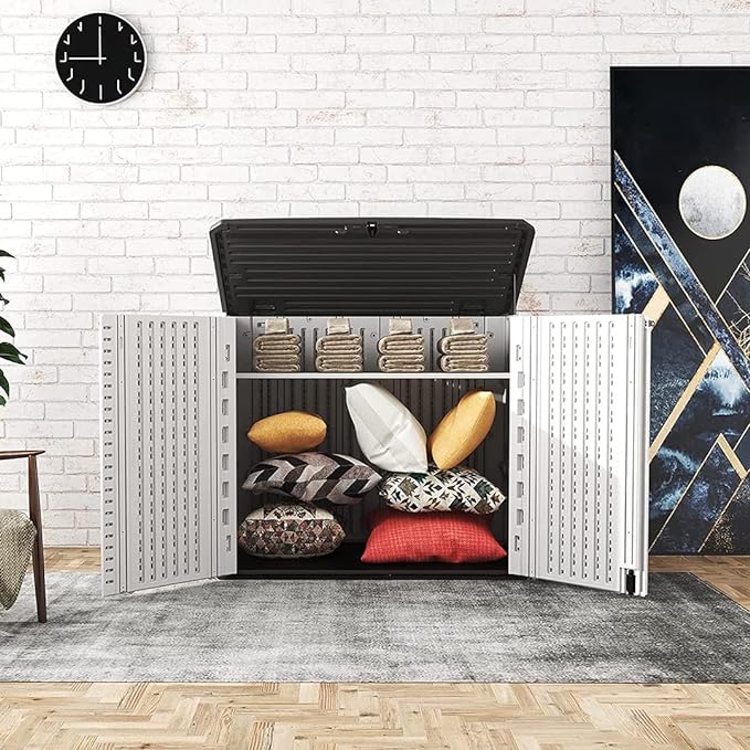 KINYING Outdoor Storage Shed - Horizontal Storage Box Waterproof for Garden, Patios, Backyards, Multi-Opening Door for Easy Storage of Bike, Garbage Cans, Tools, Lawn Mower, Off-White, 26 Cubic Feet