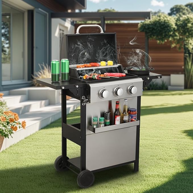 3-Burner Propane Gas Grill, 25,650 BTU Outdoor BBQ Grill with Stainless Steel Warming Rack, Enameled Cooking Grids, Built-in Thermometer & Foldable Side Tables - Portable Design with 6" Wheels