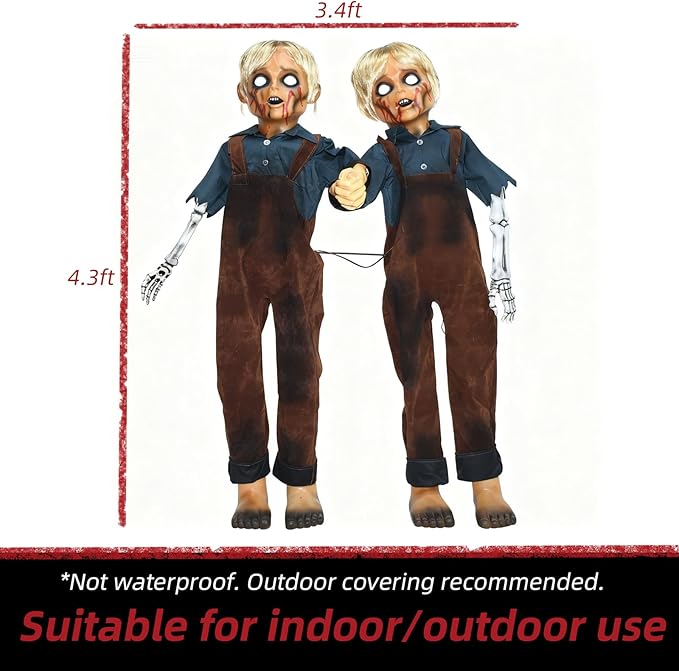 HOYECHI Animatronic Halloween Decorations Twin Boys 4.3ft – Scary Halloween Decorations for Yard, Motion & Sound Activated Outdoor Decor, Footstep & Touch Trigger