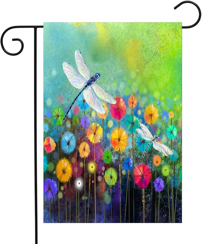 Summer Flowers Garden Flag Dragonfly House Flag Spring Welcome Garden Flags 12 x 18 Double Sided Floral Flags for Patio Lawn Home Outdoor Decor