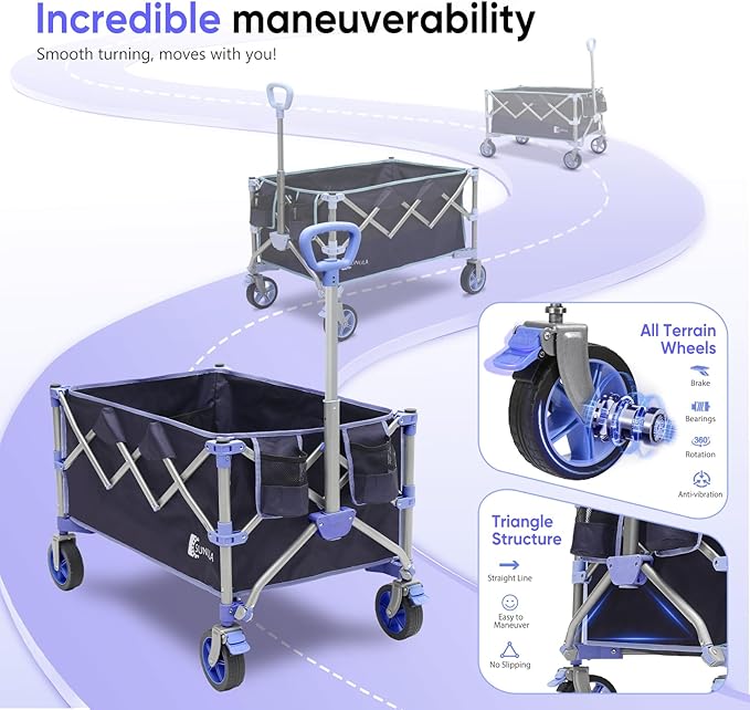 Collapsible Foldable Wagon Cart with 330lbs Weight Capacity, Heavy Duty Folding Wagon Cart with Big All-Terrain Wheels & Drink Holders. Blue