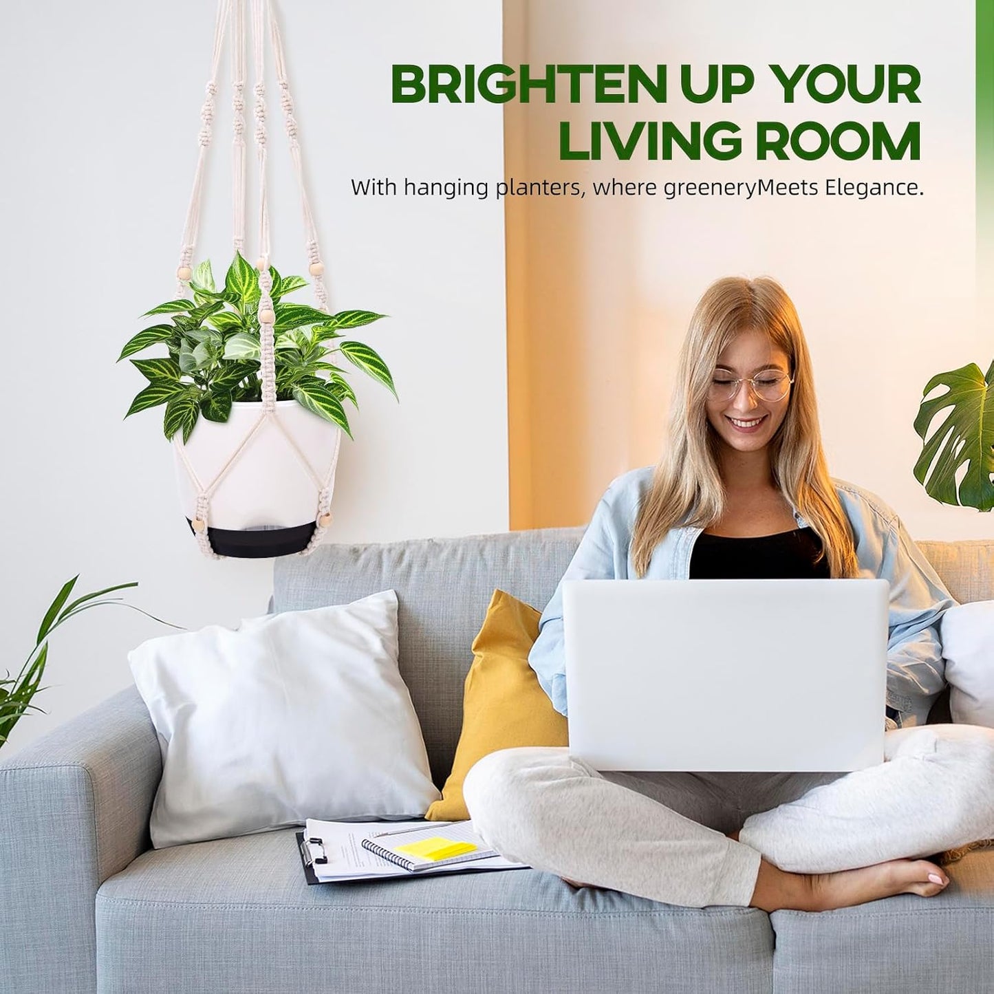 2-Pack 7.2-Inch Self-Watering Hanging Planters for Indoor & Outdoor Plants,34-Inch macrame hanger plant pots indoor with drainage,Small Hanging Planters & Baskets in White,With two sets of hooks