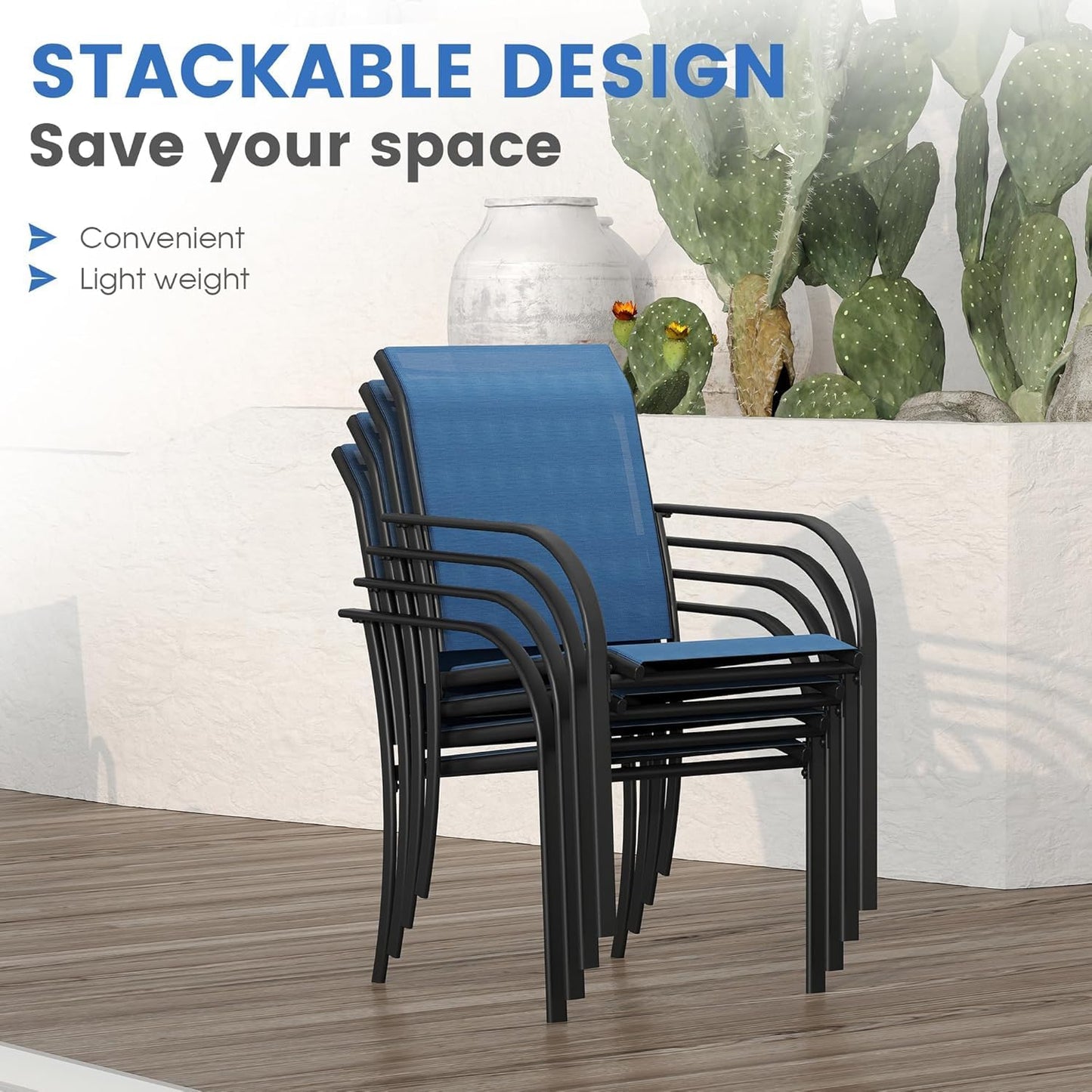 VICLLAX Patio Dining Set for 8, 9 Pieces Outdoor Furniture Set Includes 56.3" Round Patio Table and 8 Patio Stackable Chairs, Outdoor Table and Chairs for Outsides, Black Tabletop and Blue Fabric