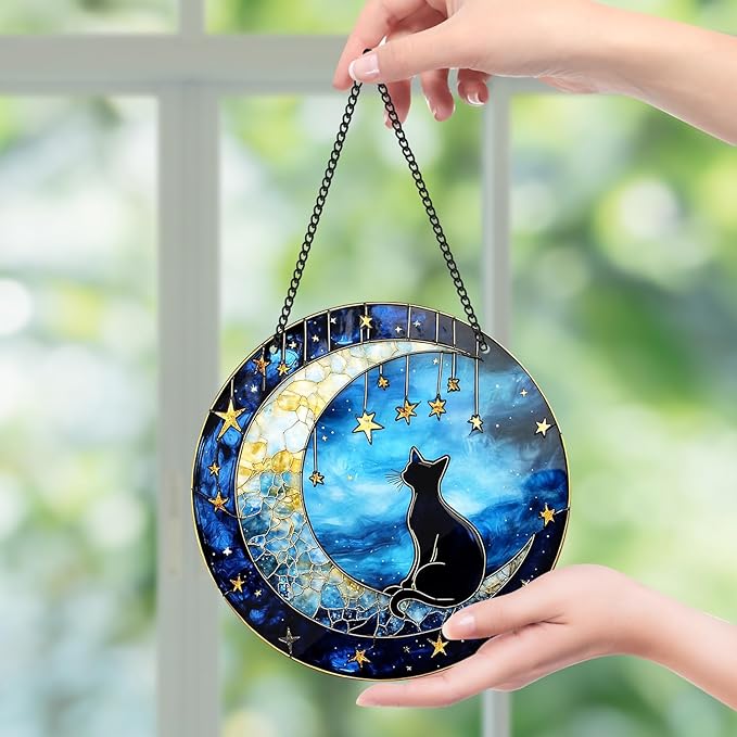 Black Cat Sun Catcher - Black Cat Bending Moon Acrylic Suncatcher Rainbow Maker Stained Acrylic Window Hanging Ornament Indoor Outdoor Decoration Home Garden Decor Chain Pendant Memorial