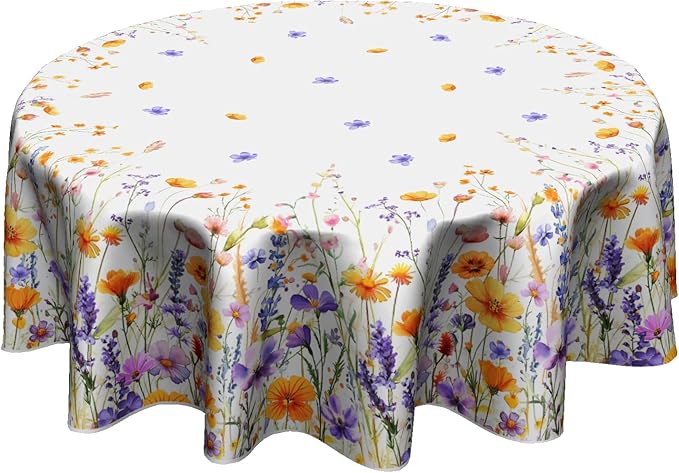 Giwawa Watercolor Wildflowers Round Tablecloth 60 Inch,Purple Lavender Orange Poppy Floral Reusable Washable Polyester Table Cover for Seasonal Indoor Outdoor Dining Party Picnic Decor