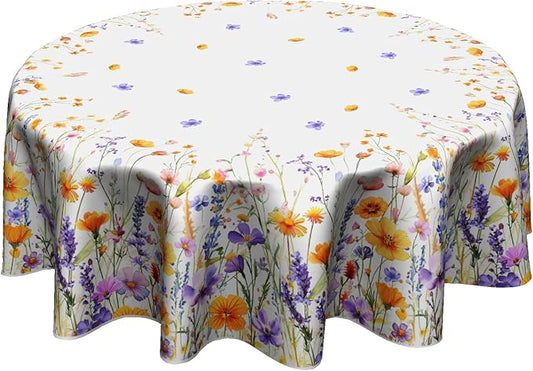 Giwawa Watercolor Wildflowers Round Tablecloth 60 Inch,Purple Lavender Orange Poppy Floral Reusable Washable Polyester Table Cover for Seasonal Indoor Outdoor Dining Party Picnic Decor