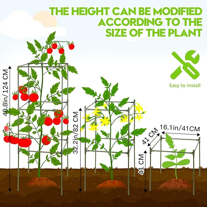 arbxvnrUp to 48.8in Square Tomato cage Garden mesh Plant Support Posts, quadrangular Adjustable Tomato Stand Pot Picking mesh (1pack)