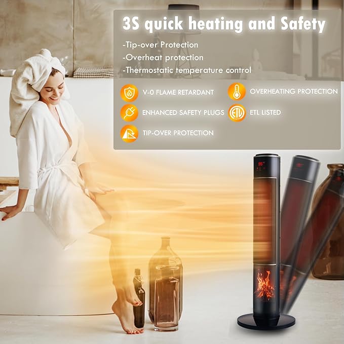 Portable Electric Space Heater for Large Room 37" Ceramic Tower Space Heater with 3D Flame for Room Heating,Oscillating,Remote Control,Tipover &overheating protection for Indoor Use(Black-I)