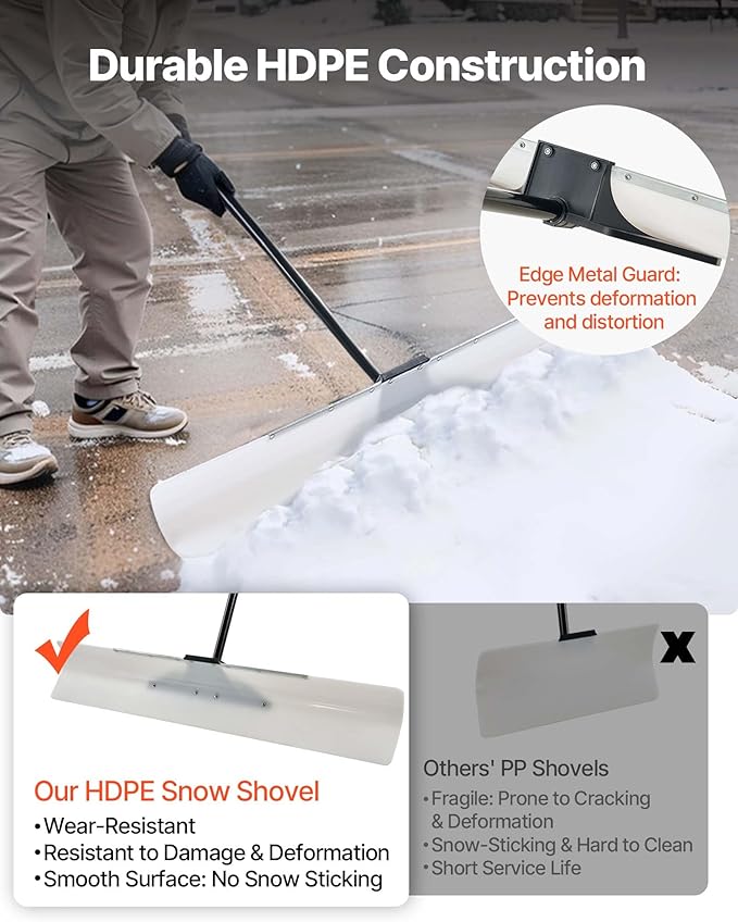 VEVOR Snow Pusher, 48 inch Wide Push Snow Shovel Plow for Driveway, Sidewalks and Doorways with Segmented Handle, Ergonomic Grip and HDPE Plastic Blade
