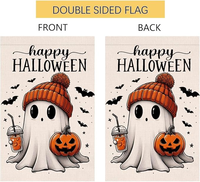 BLKWHT Halloween Ghost Garden Flag 12x18 Vertical Double Sided Black Bat Happy Fall Holiday Outside Decorations Burlap Yard Flag BW836