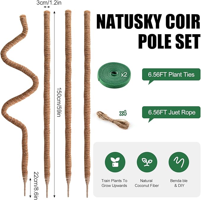 4 Pack Moss Pole 63 Inch Monstera Plant Support Moss Poles Bendable for Climbing Plants Longer Coco Coir Sticks Support Stakes Tall for Indoor Creeper DIY Shape Plants Grow Upwards
