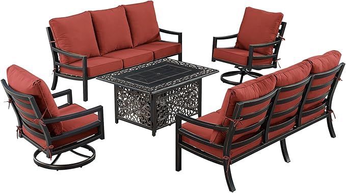 Oakland Living Black Aluminum Patio Fire Table Set with Two Deep Seating Sofa with Cushions and Two Club Chairs with Red Cushions